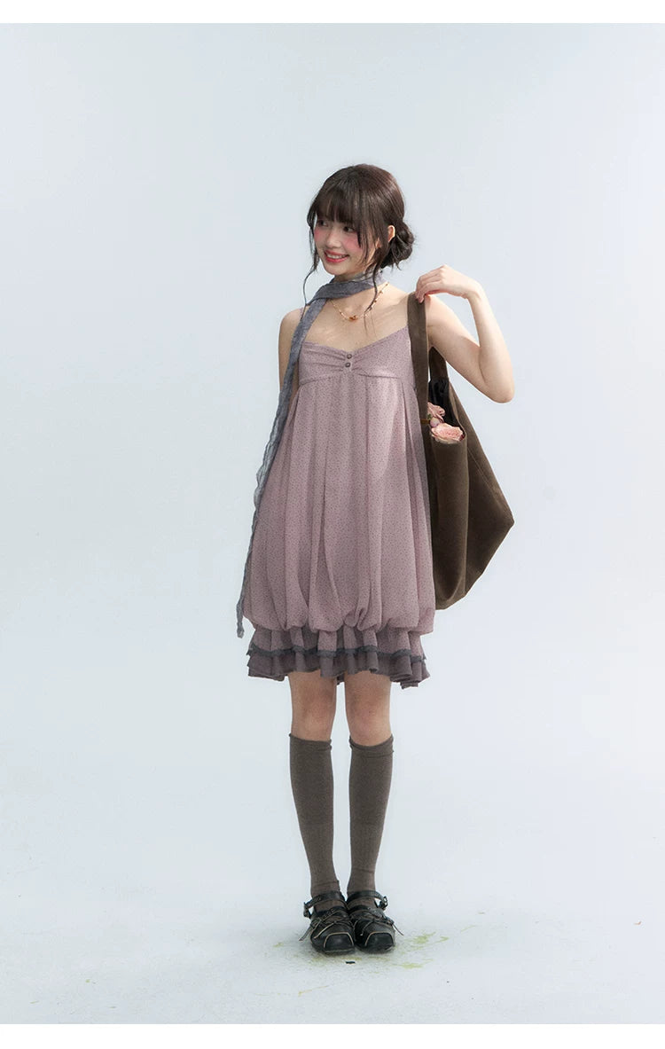 "Misty Lavender Reverie" Vintage Floral Lace Trim Midi Slip Dress