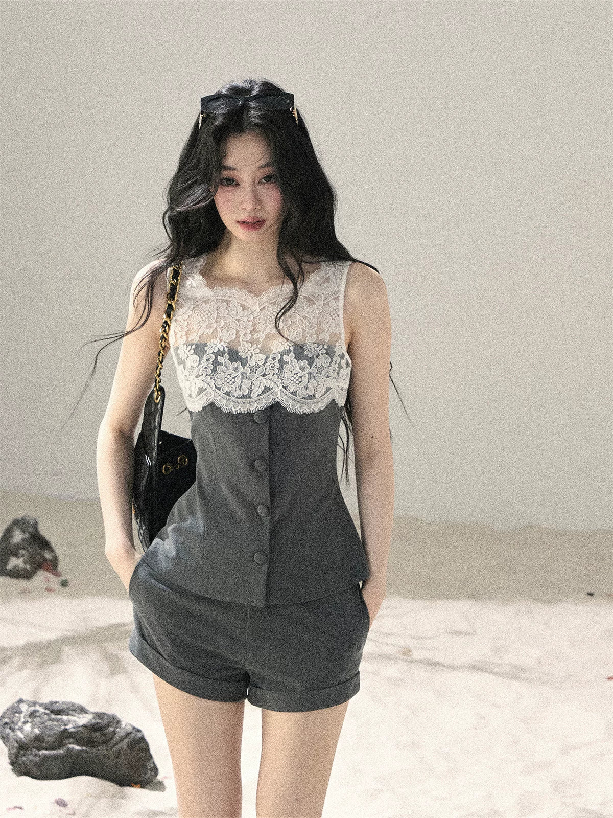 "Blossoms Through the Mist" Moon Mist Gray Lace Top & Tailored Shorts Two-Piece Set