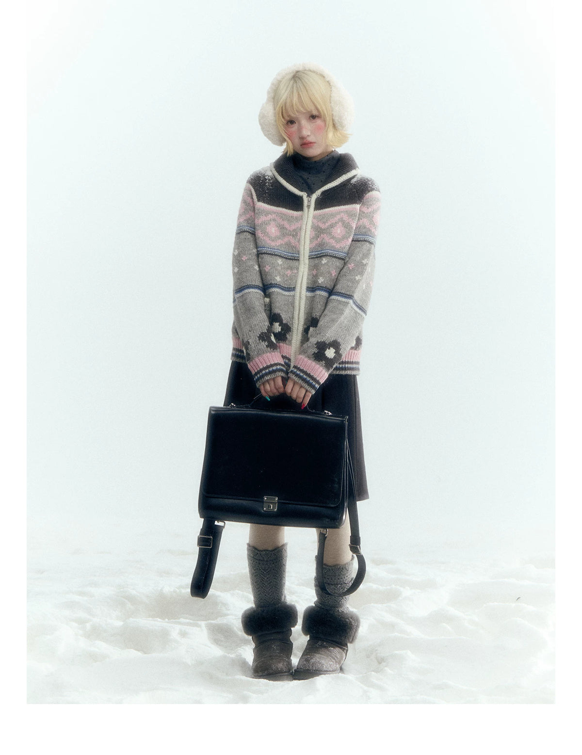 Horridale - Gray Pink Fair Isle Floral Zip-Up Knit Cardigan