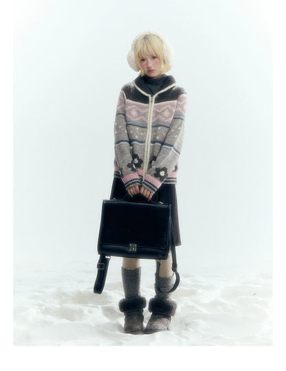 Horridale - Gray Pink Fair Isle Floral Zip-Up Knit Cardigan