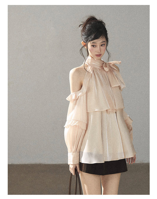 170726A "Pearlescent Glow" Pearl Pink Satin Halter Blouse