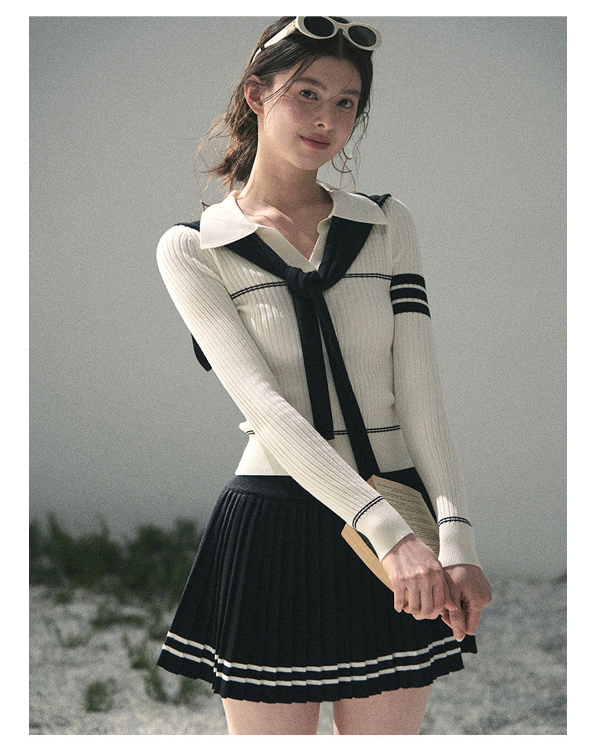 “Delhi Academy” Ivory Polo Knit Set with Midnight Black Scarf