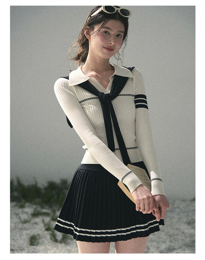 “Delhi Academy” Ivory Polo Knit Set with Midnight Black Scarf