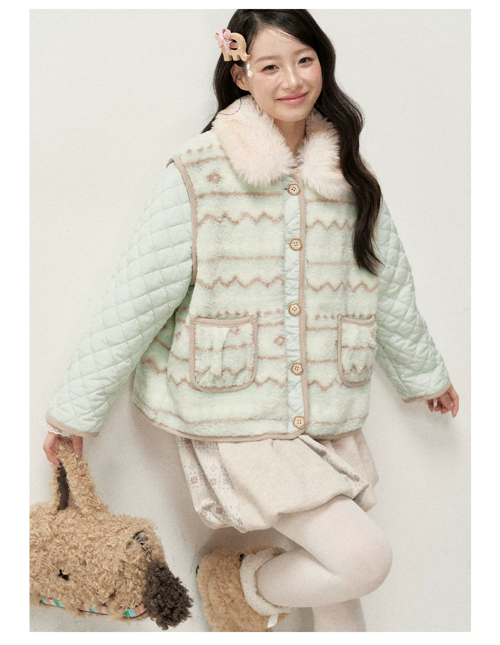 RF - Mint Green and Light Brown Fair Isle Quilted Faux Fur Vest Jacket