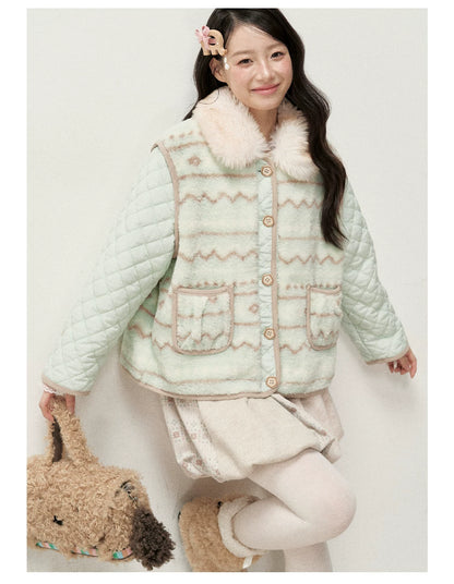 RF - Mint Green and Light Brown Fair Isle Quilted Faux Fur Vest Jacket