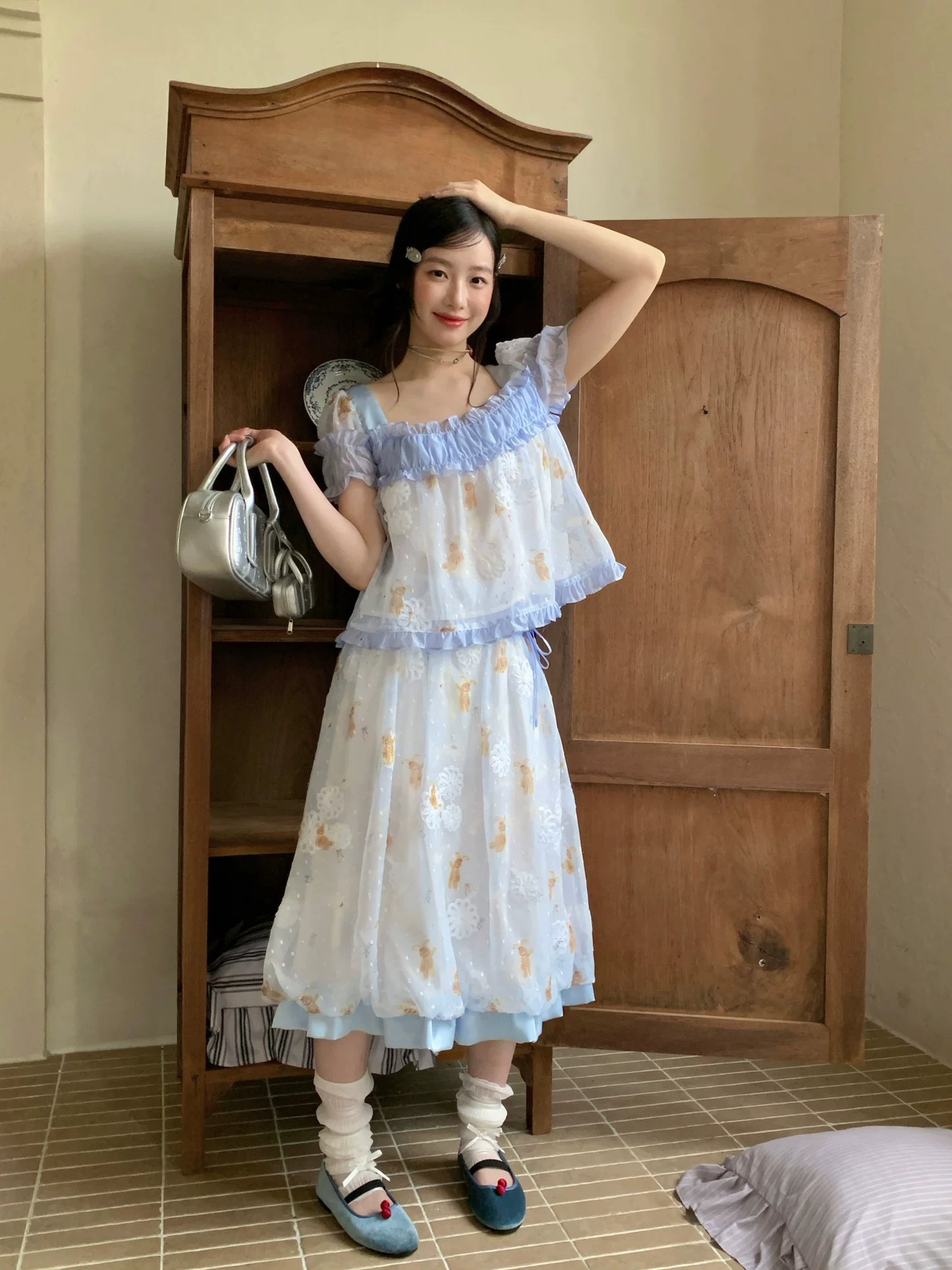[RF] “Blue Teddy Fairytale” Bear Print Two-Piece Dress Set