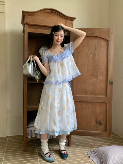 [RF] “Blue Teddy Fairytale” Bear Print Two-Piece Dress Set