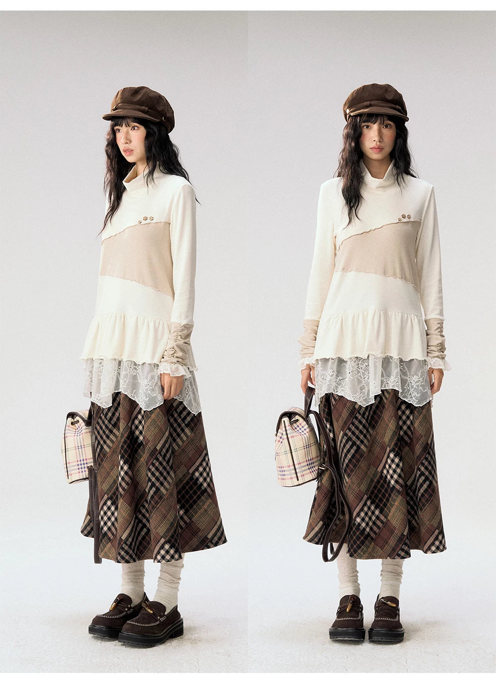 [CAN] "Oatmeal Harmony" Ivory Taupe Ruffle Lace Layered Knit Top