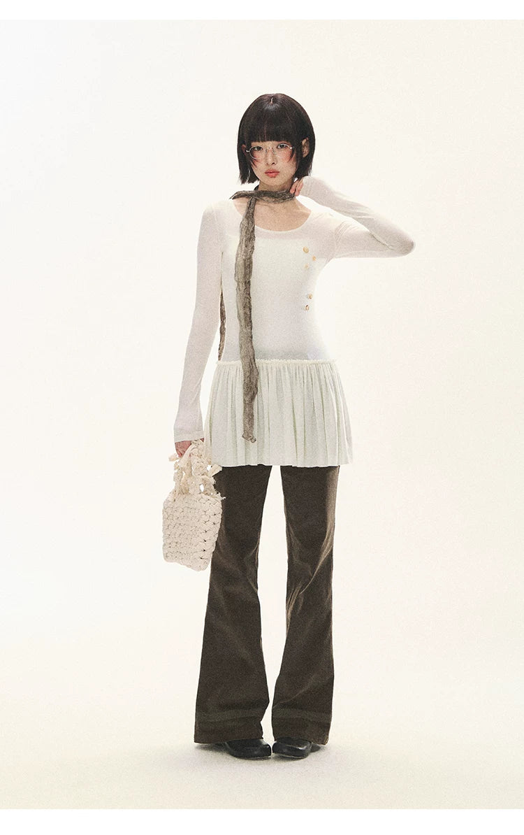 "Spring Memoir" TENCEL™ Wool Pleated Knit Midi Dress (Oat Gray/ Butter Cream)