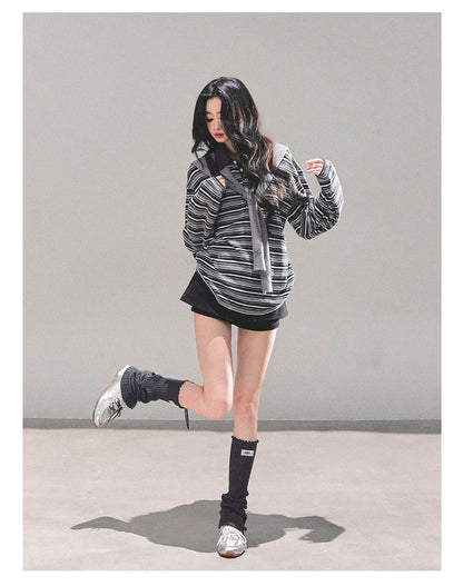少也眼 "Unfinished Poem" Striped Polo Long Sleeve - Charcoal Gray 543682