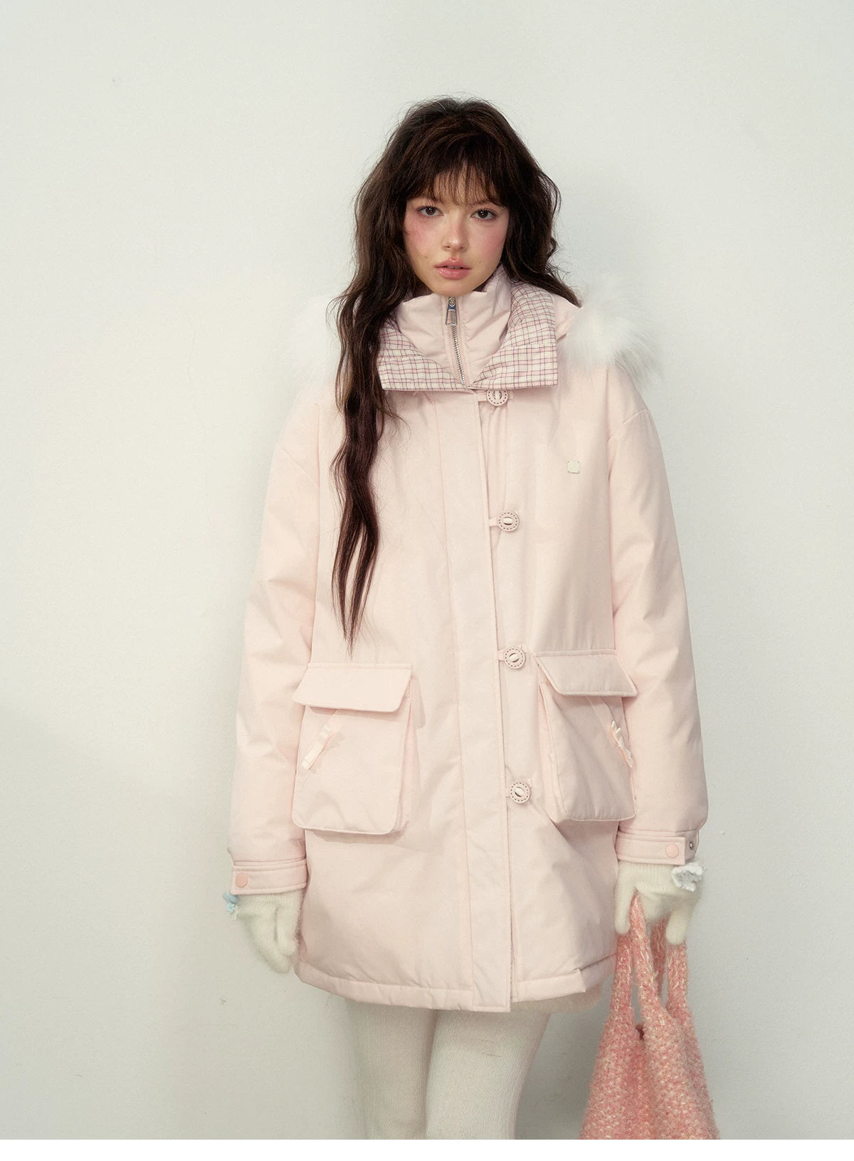 SunsetPark - Blush Pink & Plaid 90% White Duck Down Puffer Jacket (Short / Long / Navy / Glacier Blue)