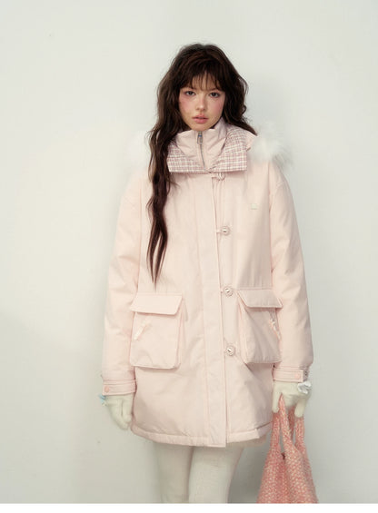 SunsetPark - Blush Pink & Plaid 90% White Duck Down Puffer Jacket (Short / Long / Navy / Glacier Blue)