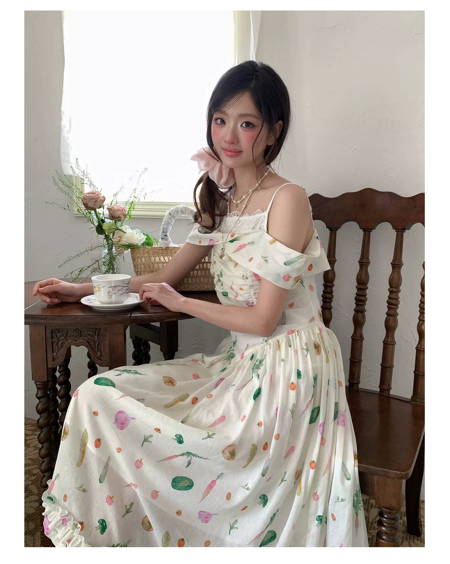 “Verdant Orchard Reverie” Beige Fruit Print Off-Shoulder Dress