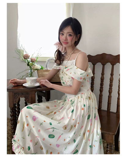 “Verdant Orchard Reverie” Beige Fruit Print Off-Shoulder Dress