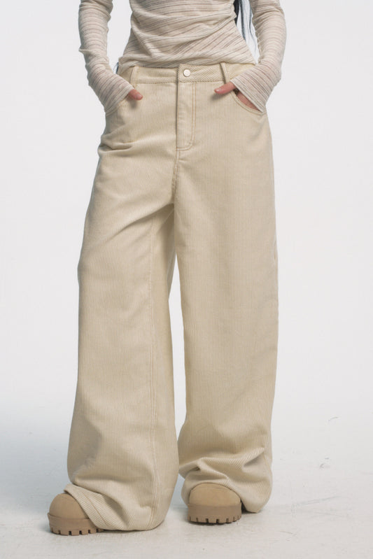 Muirgen - Y2K Mid-Low Rise Paint-Wash Loose Cargo Denim Pants - White Corduroy