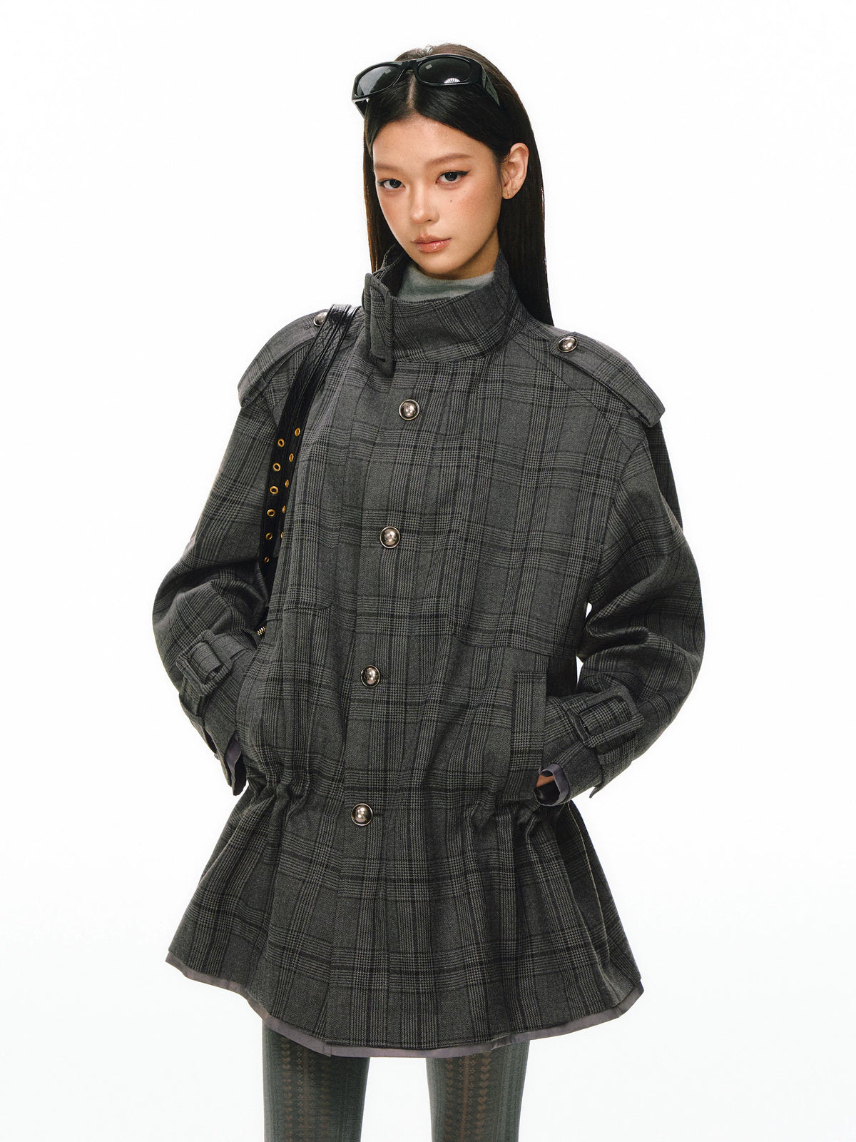 Ariseism - Dark Gray Checked Waist-Defined Mid-Length Trench Coat