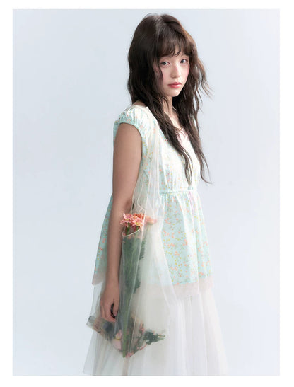 "Mint Blossom" Mint Green Floral Layered Floral Babydoll Top