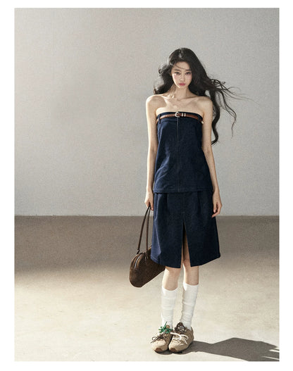 AOMALM - "Bluebell in Suspension" Navy Blue Korean Denim-Inspired 2-Piece Skirt Set