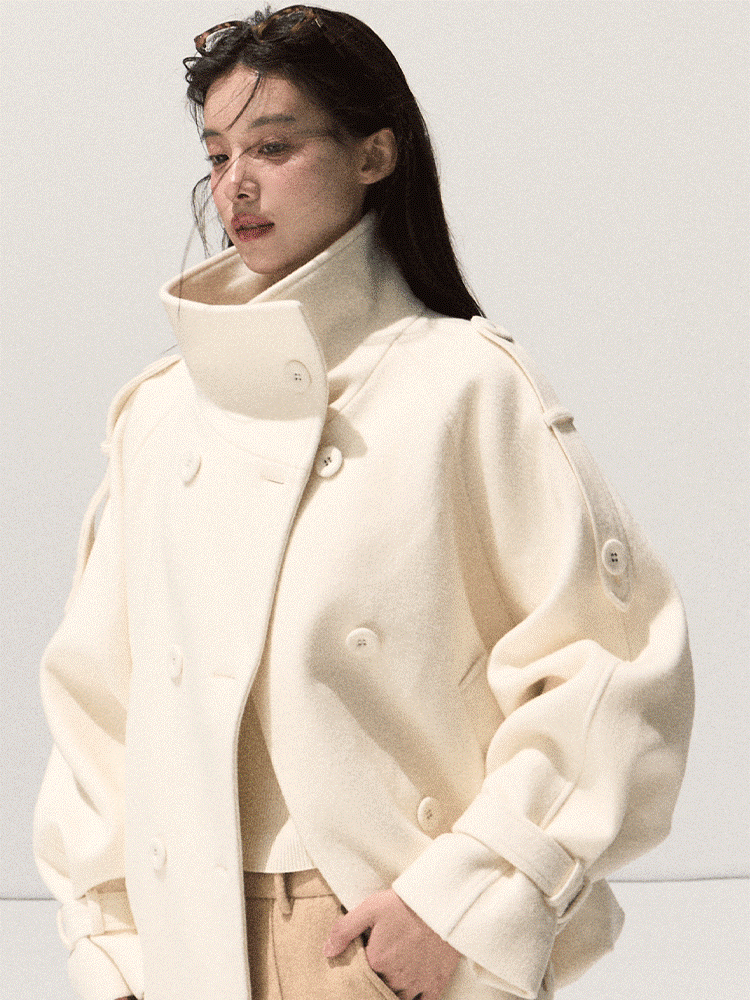 OAKMOO/ Sand Beige Wool Stand-Collar Short Coat