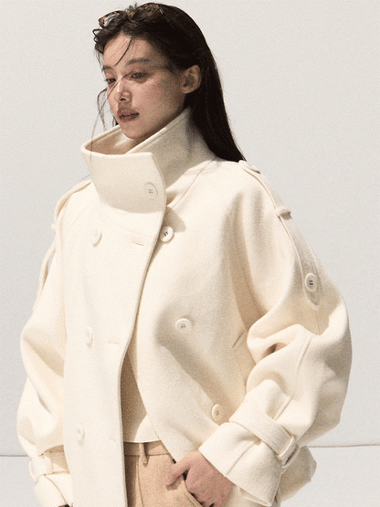 OAKMOO/ Sand Beige Wool Stand-Collar Short Coat
