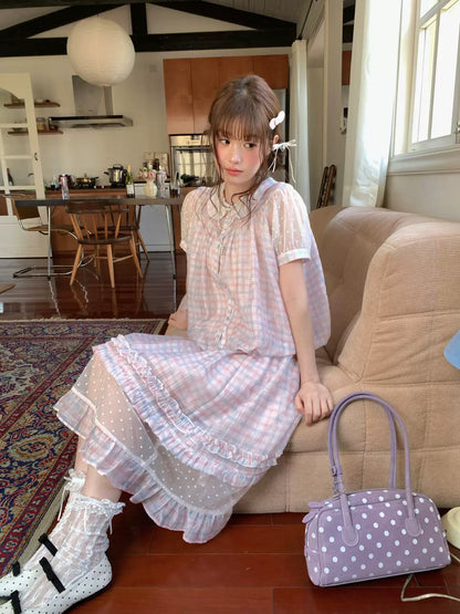 [RF] “Rainbow Cotton Candy” Blue & Pink Plaid Two-Piece Set