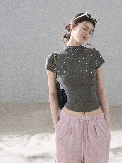 "Scattered Across the Milky Way" Pearl Beaded Knit T-Shirt (Haze Blue/ Sage Gray)