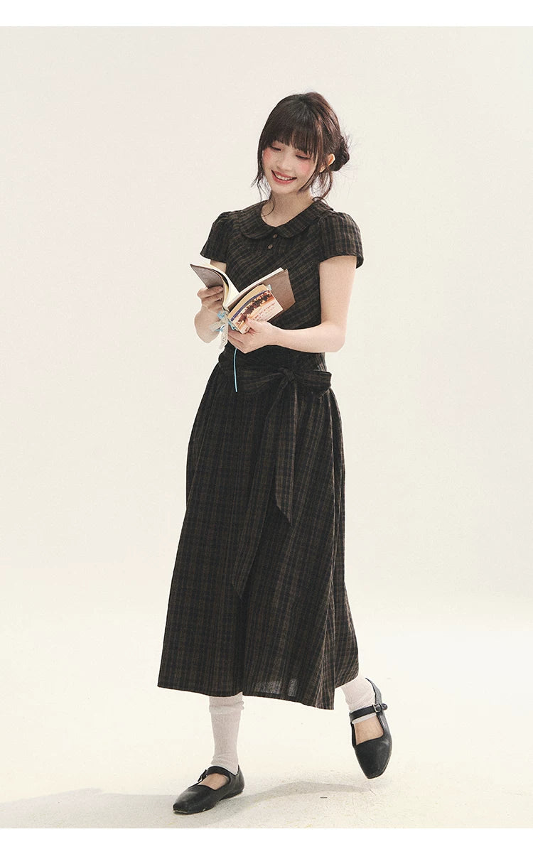 "Vintage Scholar" Black Brown Plaid Bow Tie Peter Pan Collar Maxi Dress