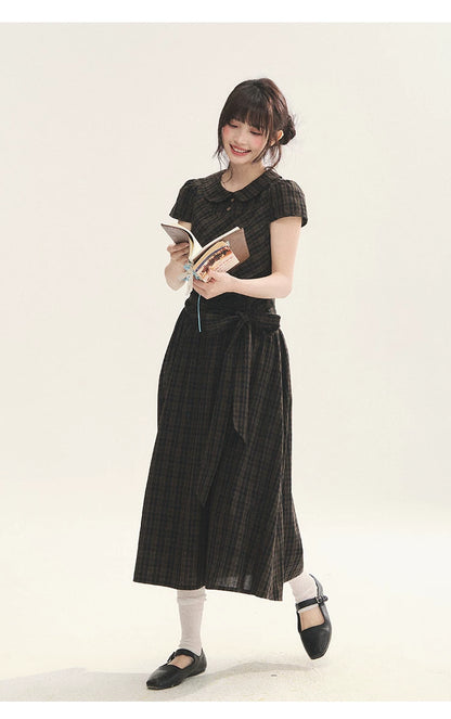 "Vintage Scholar" Black Brown Plaid Bow Tie Peter Pan Collar Maxi Dress
