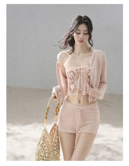 "Forest After Rain" Dusty Rose 3-Piece Cardigan & Shorts Set 45236485