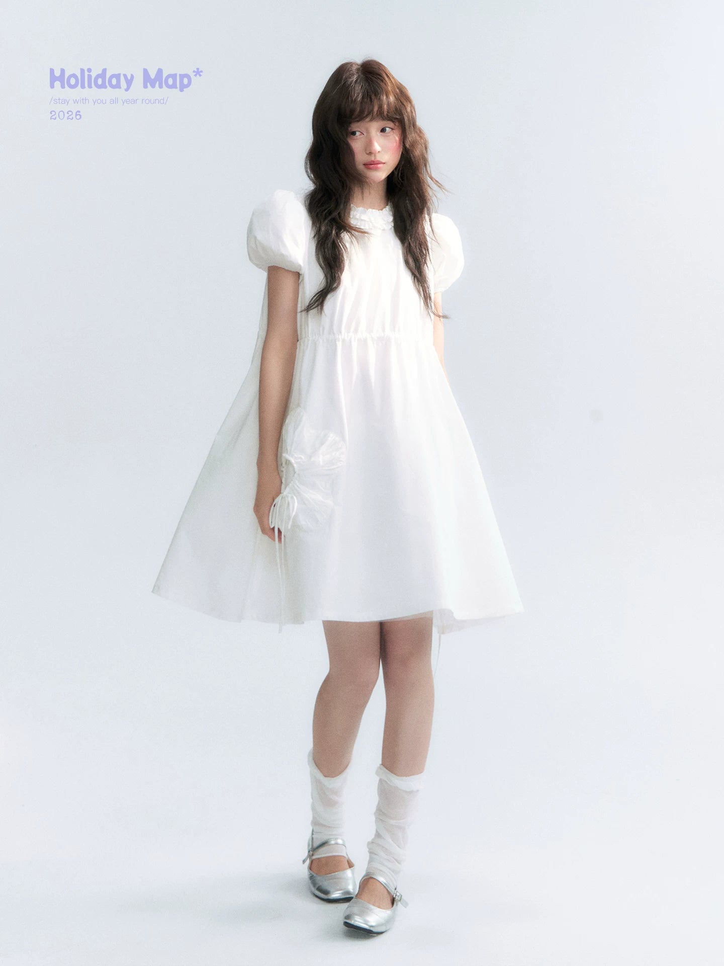 "Puff Doll Dress" Ruffle Trim Puff Sleeve Cotton A-Line Dress (White/ Black)