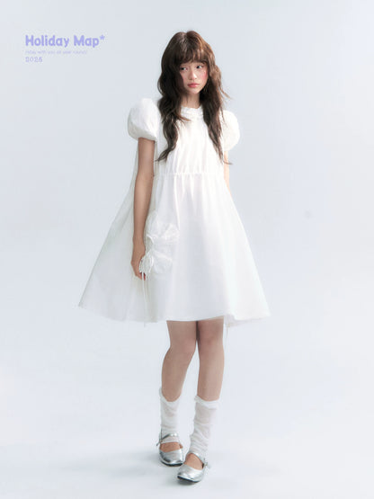 "Puff Doll Dress" Ruffle Trim Puff Sleeve Cotton A-Line Dress (White/ Black)