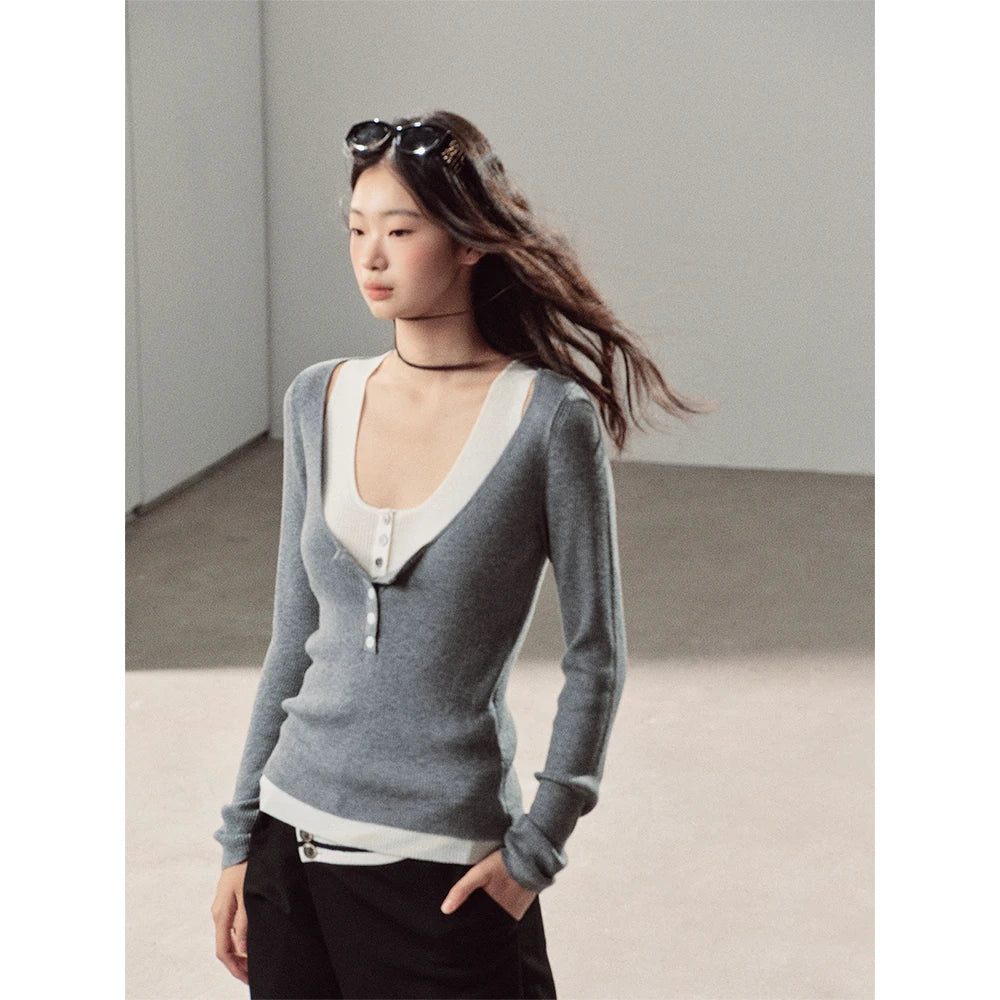 AOMALM - Korean U-Neck Faux Layered Knit Top