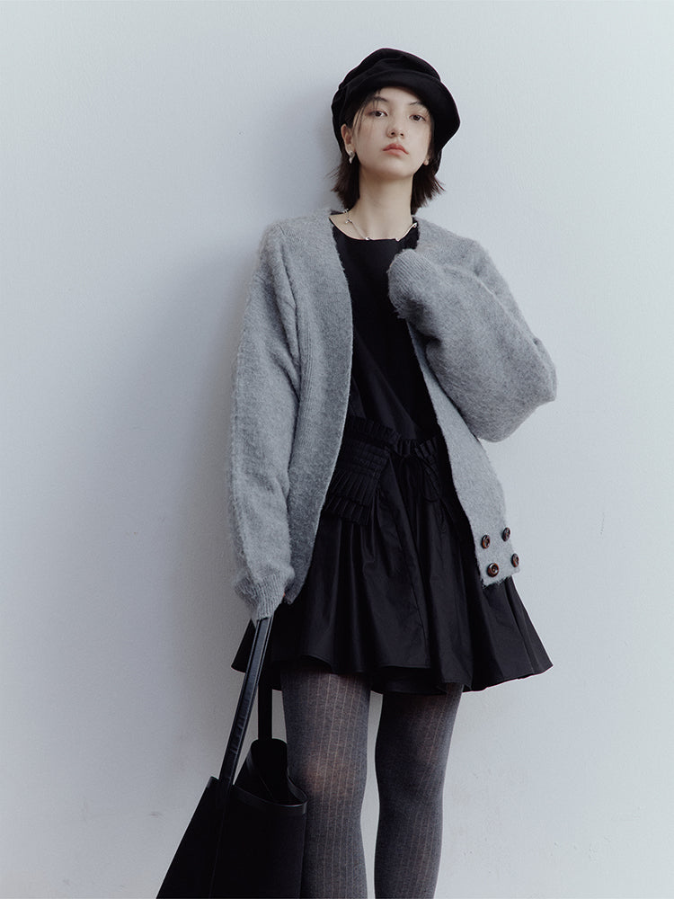 FUSSED Lazy Furry Mist Gray Wool & Mohair V-Neck Cardigan FOF-25SS177