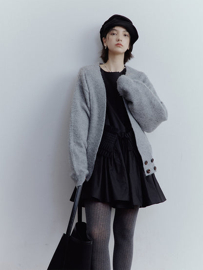 FUSSED Lazy Furry Mist Gray Wool & Mohair V-Neck Cardigan FOF-25SS177