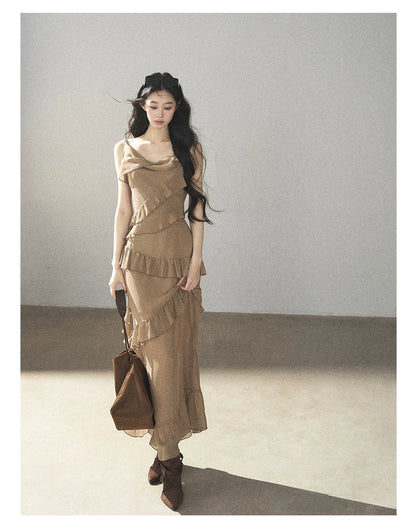 AOMALM - Cinnamon Gray-Brown Ruffle Chiffon Maxi Dress