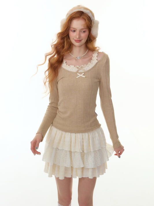 ZiziFei - Layered Bow Knit Top with Faux Two-Piece Ruffle Detail – Pink / Beige