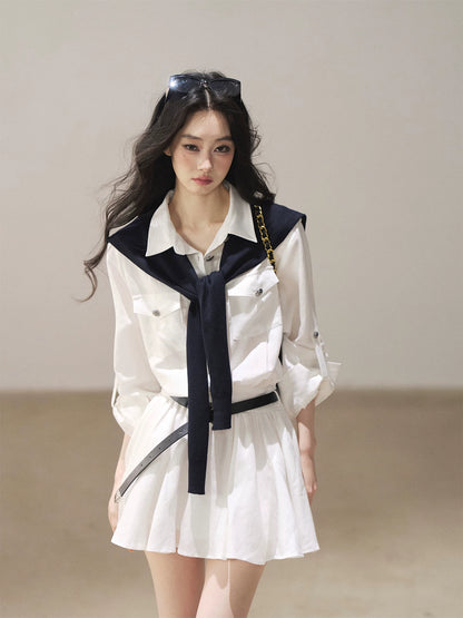 AOMALM - "Moonlight Sinks into the Sea" High-Intellect Utility Shirt Dress (Plain White / Navy Blue, with Belt & Optional Shawl)