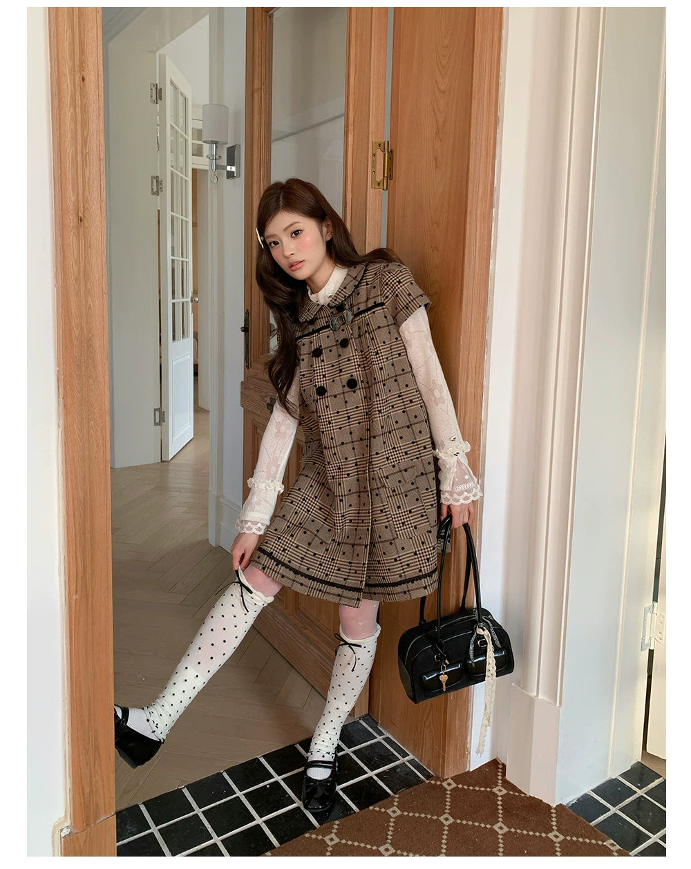 “Hazel Rococo Reverie” Khaki Plaid Polka Dot Dress