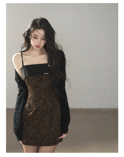 AOMALM - "Wildland Reverie" Slate Brown Leopard Print Fitted Cami Dress & Obsidian Black Shawl