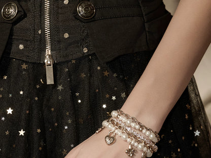 Layered Pearl Heart Charm Bracelet – Vintage Lock Heart Multi-Strand Beaded Bracelet for Women