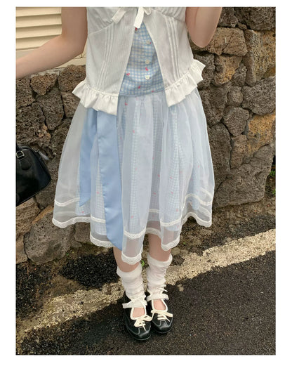 [RF] “Sweet Bluebell” Light Blue Plaid Lace-Trim Three-Piece Set