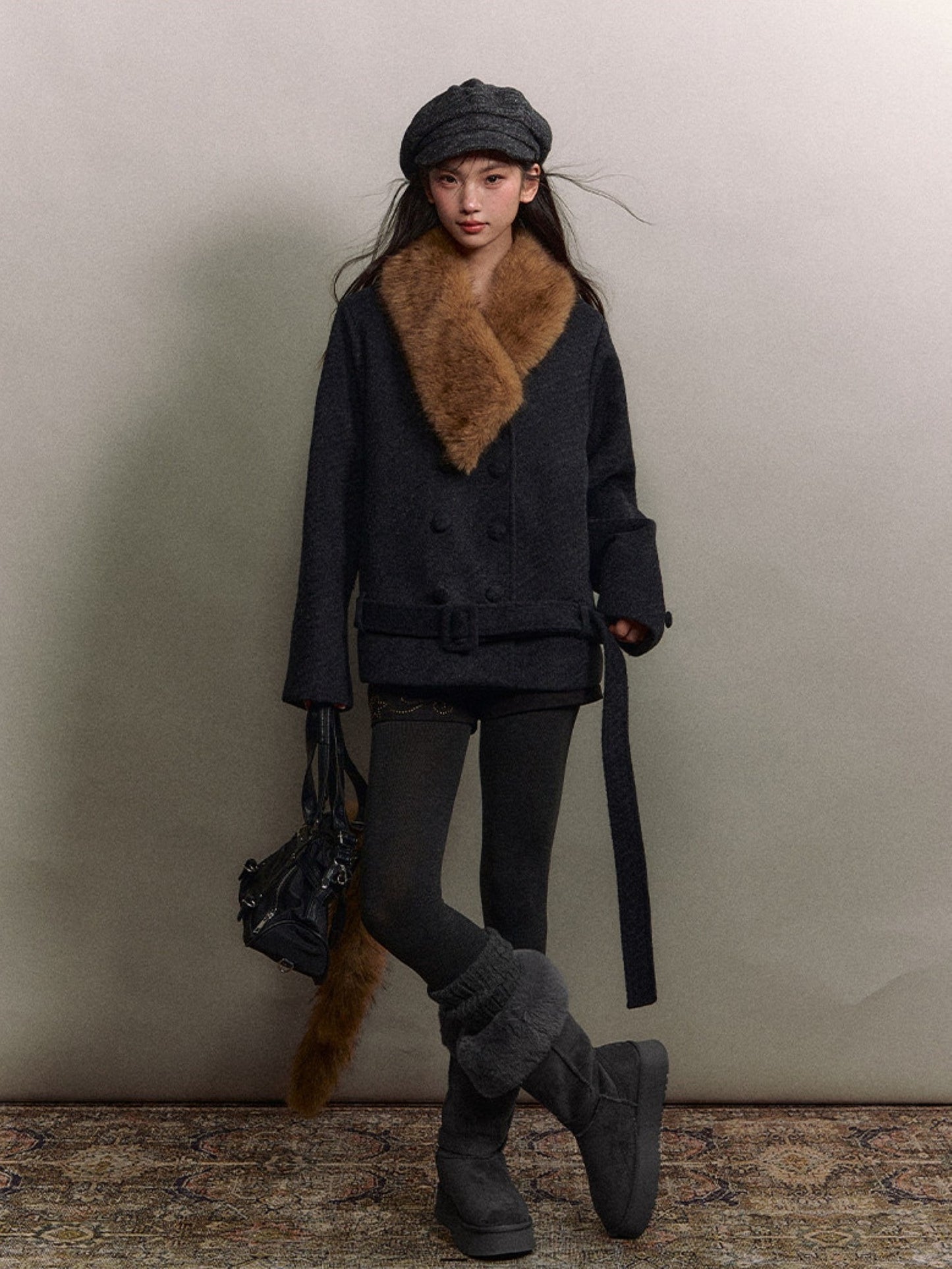 Soote Season - “Retro Twill Grace” Asymmetrical Faux Fur Collar Double-Breasted Wool Coat