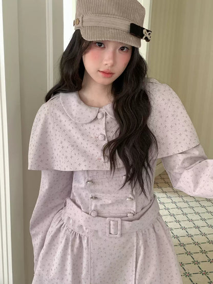 [RF] “Taro Cloud” Pink Double-Breasted Waist-Defined Cape Coat
