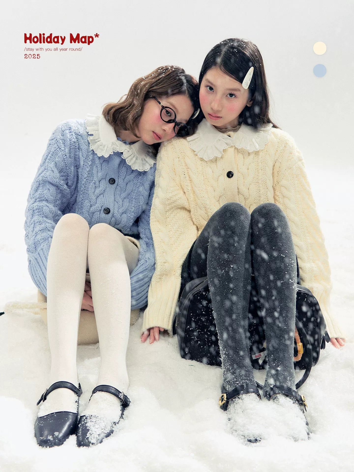 "Cotton Mousse" Cable Knit Cardigan with Detachable Ruffle Collar (Cotton Blue/ Soft White)