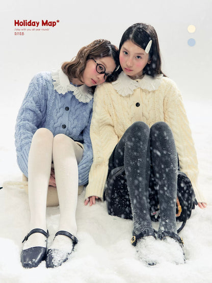 "Cotton Mousse" Cable Knit Cardigan with Detachable Ruffle Collar (Cotton Blue/ Soft White)