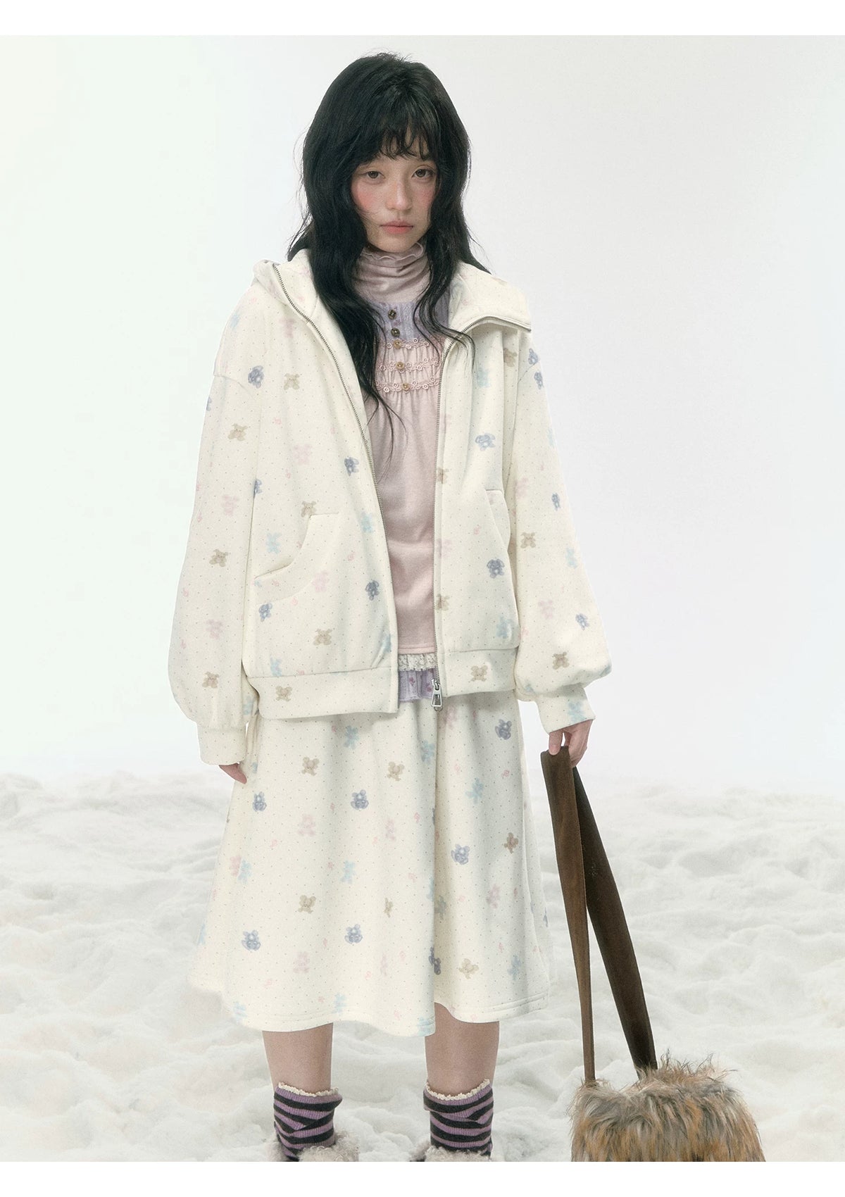 JOVYLLE - Cream Printed Fleece-Lined Sweatshirt, Pants & Skirt Set