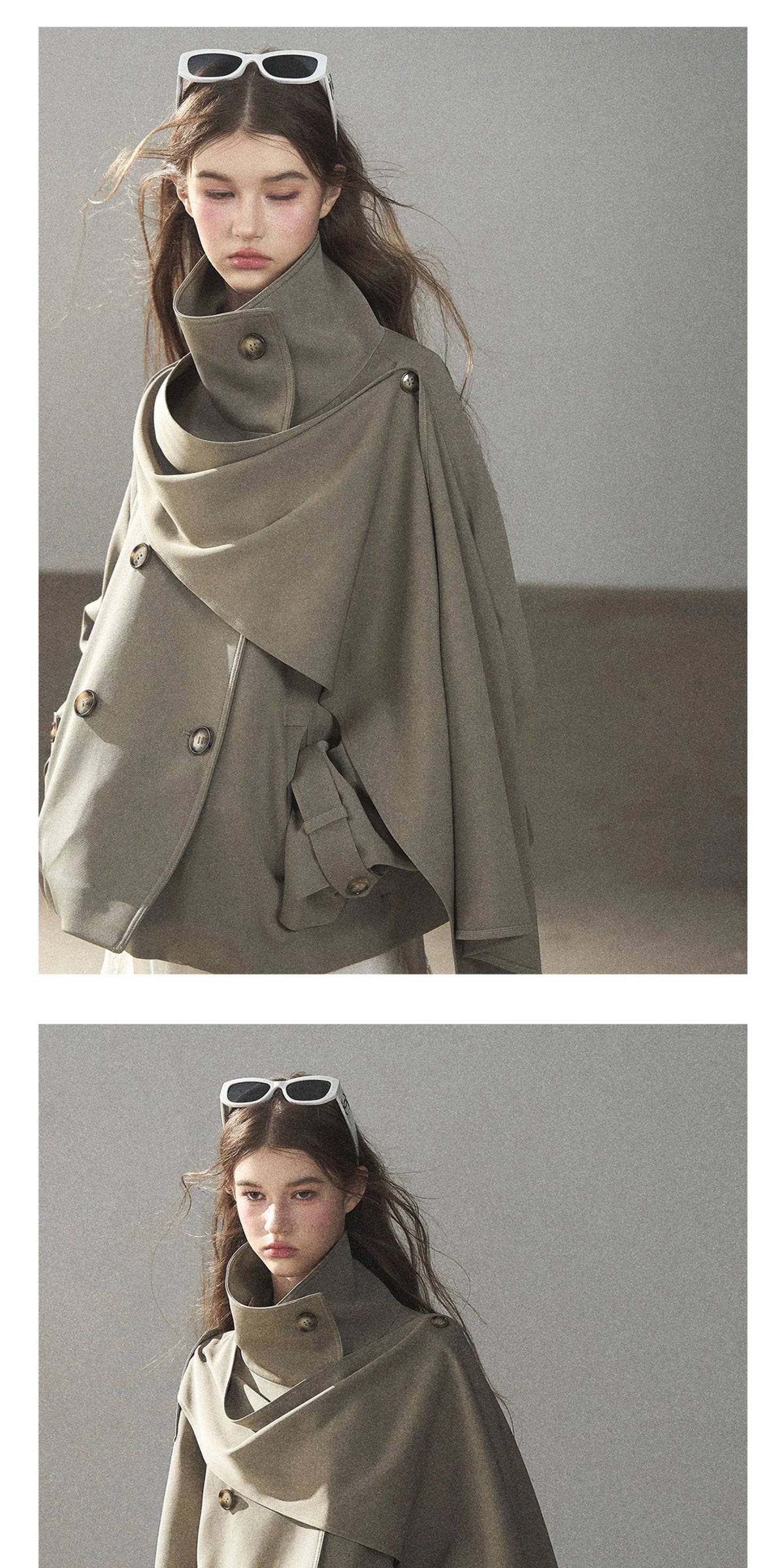 Gray Funnel-Neck Double-Breasted Short Trench Coat