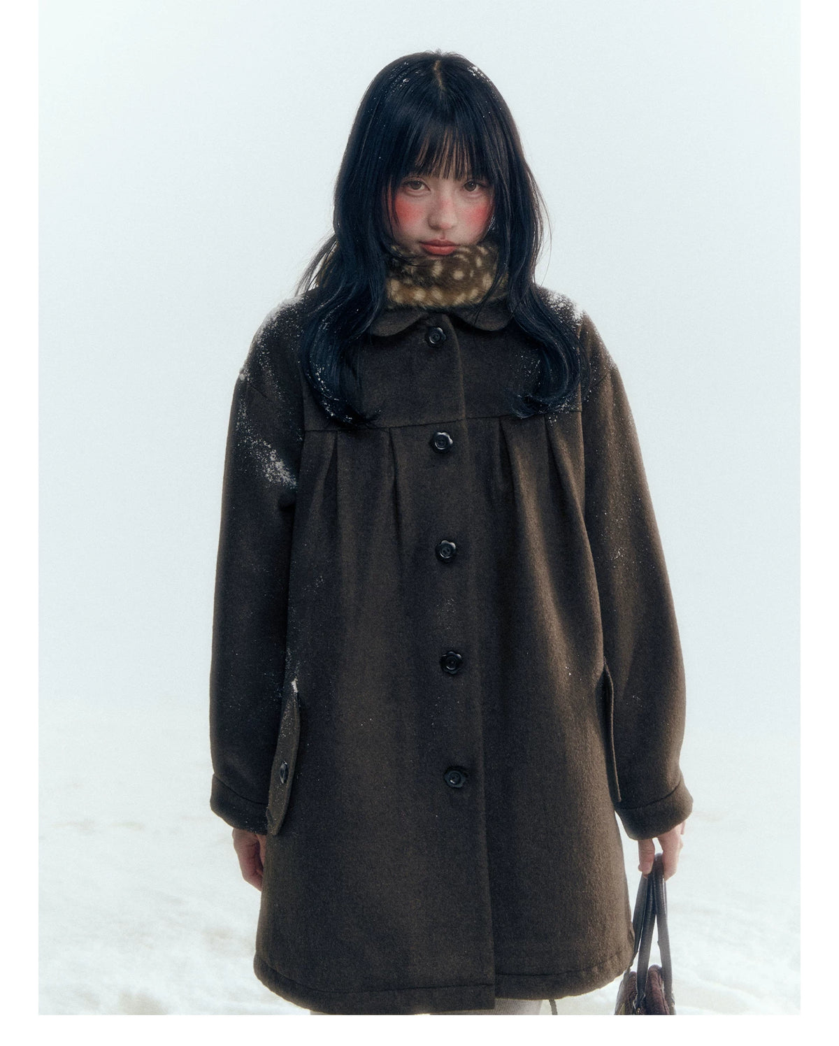 Horridale - Peter Pan Collar Pleated Mid-Length Wool-Blend Coat – Brown Coffee