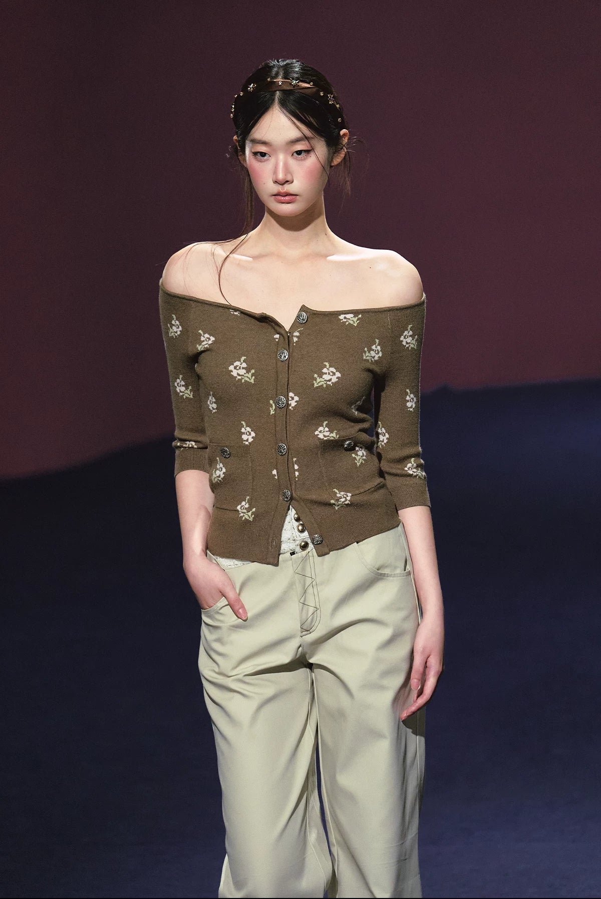 Floral Mosaic Off-Shoulder Knit Top (Ivory/ Dark Brown)