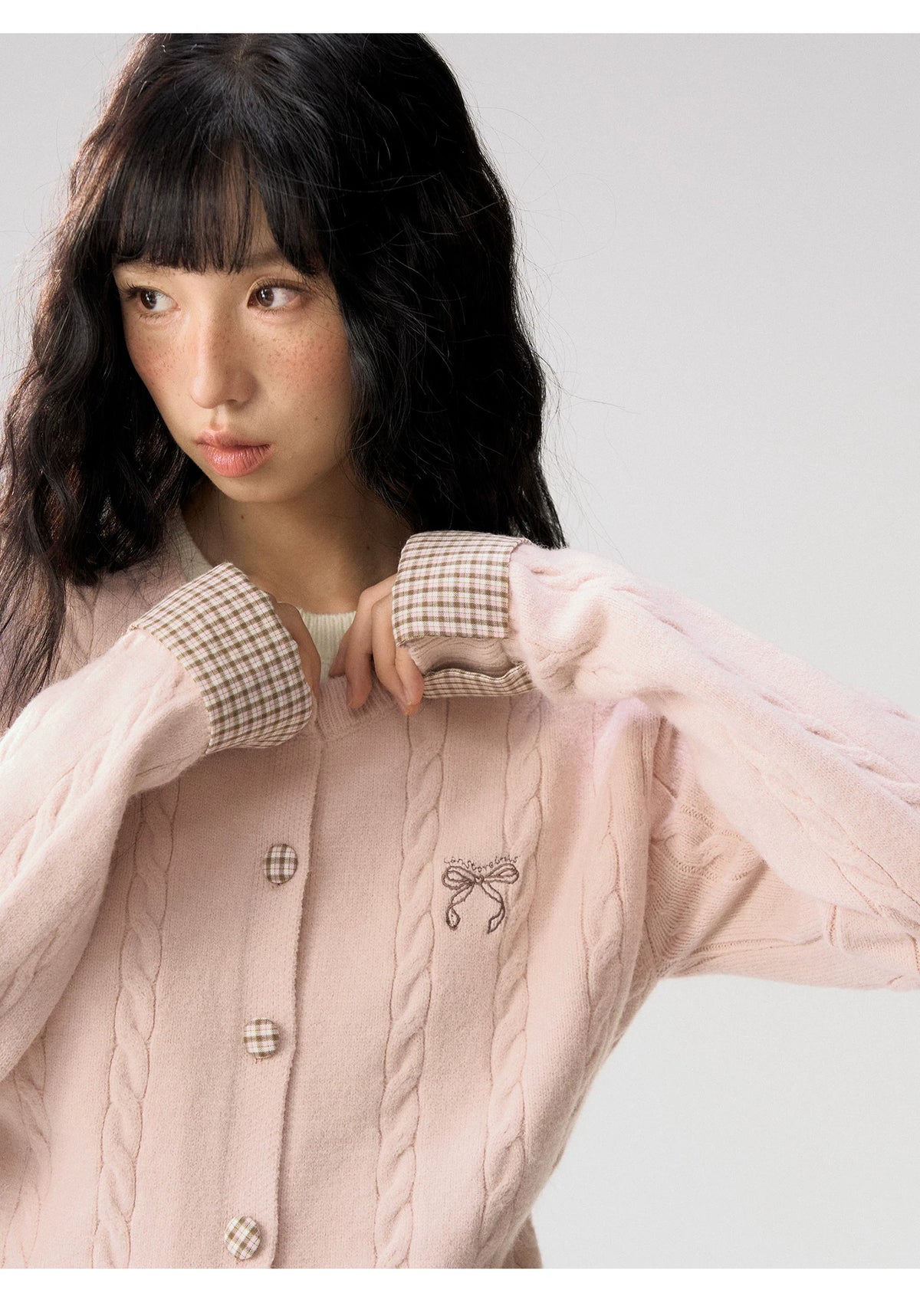 [CAN] "Autumn Letter" Bow Embroidered Faux-Layered Cable Knit Cardigan (Pink & White / Sage Green & Brown)